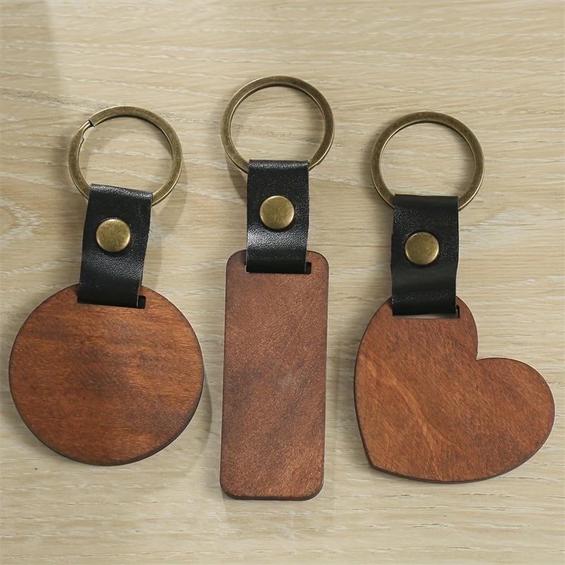 1pc Wood Square Tag Key Chains, Vintage Color Leather Round Keychain Accessories, Fashion Bag Pendant, Blank Wooden Card Keyring.