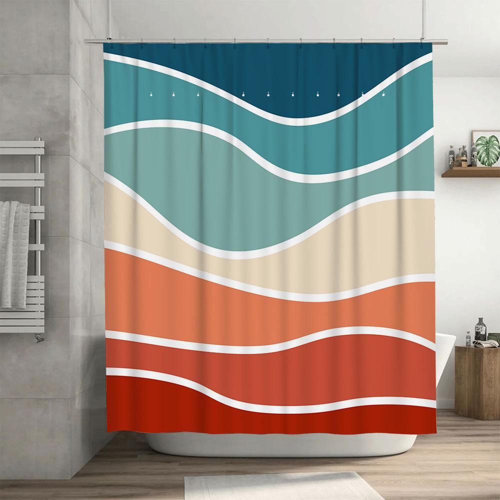 Modern Bathroom Decor: Wavy Pattern Shower Curtain Set In Soft Pastel Colors For Bathtub