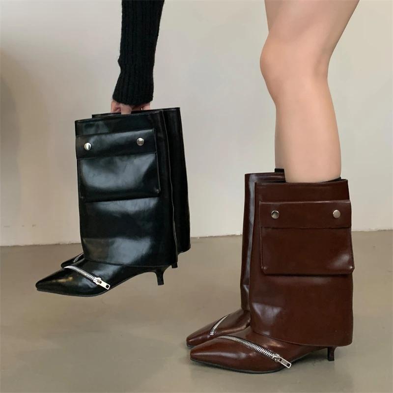 Eilyken  New Fashion Design Pointed Toe Thin Low Heels Zipper Women Ankle Boots Splicing Button Pocket Banquet Ladies Shoes