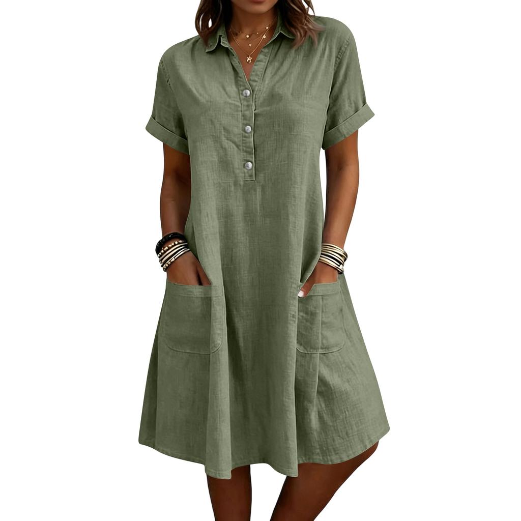 Women Casual Loose Fit Short Sleeve Dress with Lapel Collar Button Front and Pockets Comfortable Summer Dress