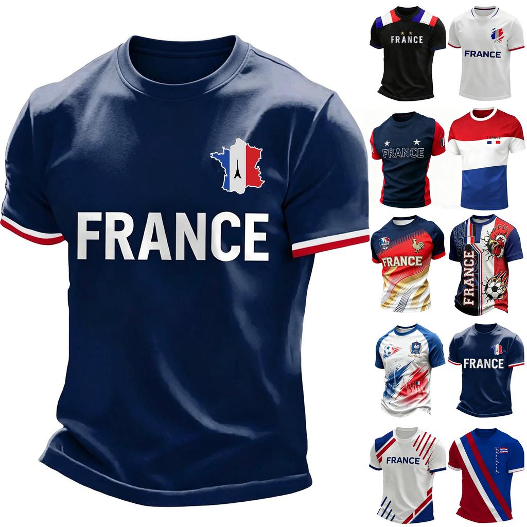 Men Crew Neck Short Sleeve Pullover T Shirt with Football Print Casual Fit Top for Sports and Fans France Theme