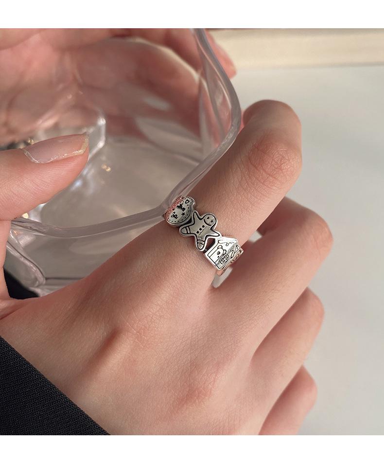 S925 Sterling Silver Graffiti Gingerbread Man & Bear Christmas Ring: Women's Retro Open Index Finger Style