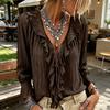 Women's Color V-Neck Ruffle Tie Long Sleeve Blouse Loose Fit Casual Top for Everyday Wear