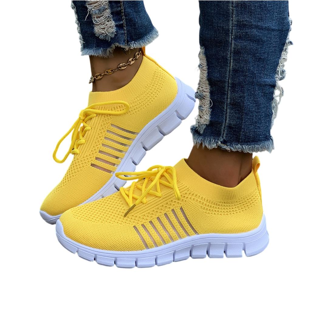 Women's Flyknit Mesh Breathable Athletic Shoes Low Cut Lace Up Platform Sole Casual Sneakers for Everyday Wear