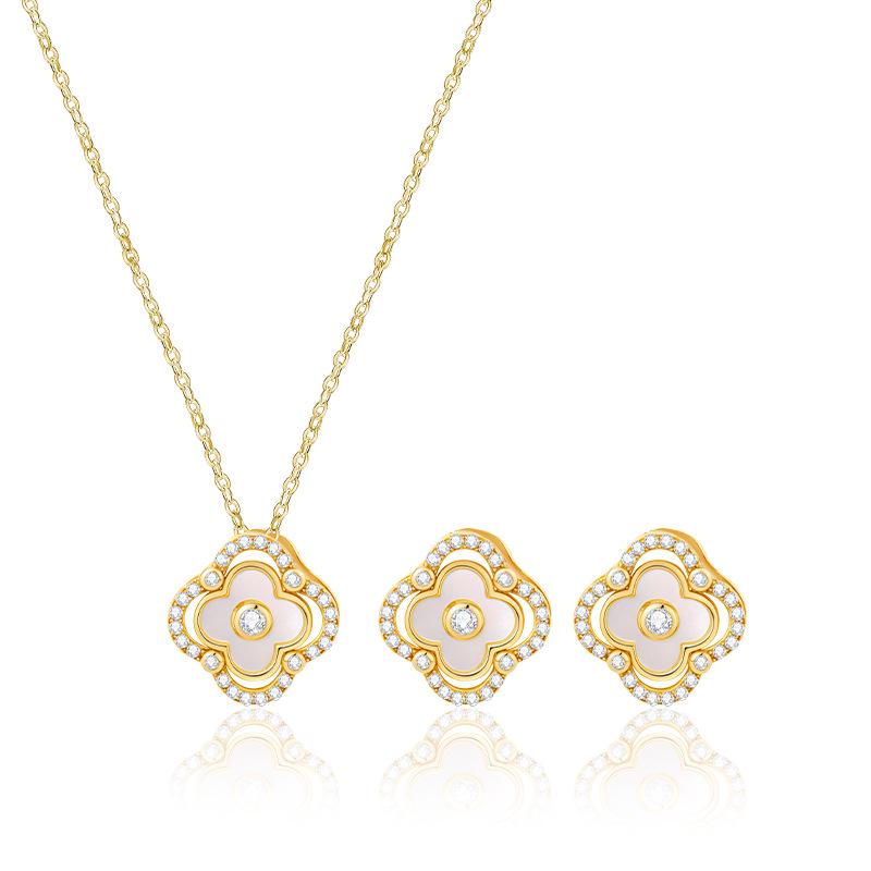 Elegantes Set aus Ohrsteckern und Halskette aus Kupferlegierung mit vierblättrigem Kleeblatt - Schlichtes, luxuriöses Damen-Schlüsselbeinketten-Design