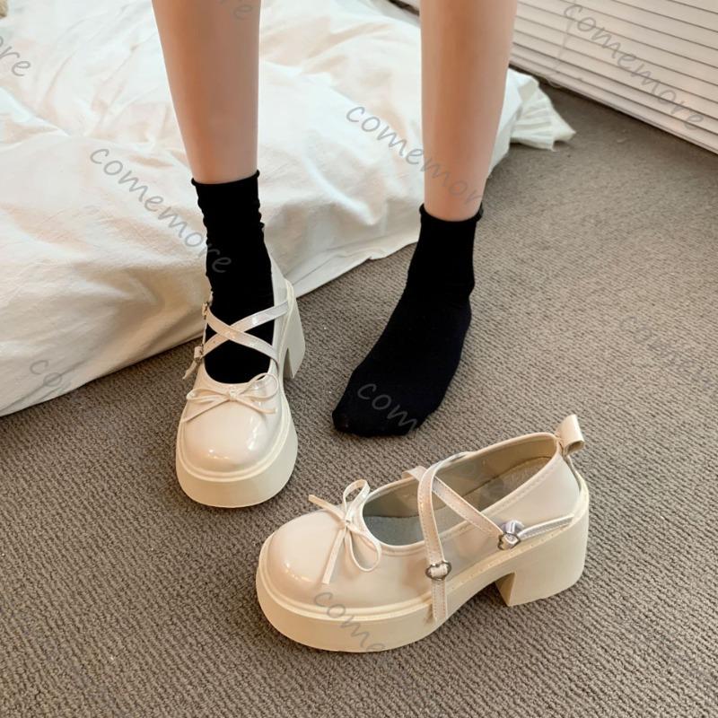 Fashion Comemore Women's Chunky Heel Mary Janes Shoes Spring Round Toe Pumps Platform Shoes for Women Dress Students Lolita Heeled Shoes