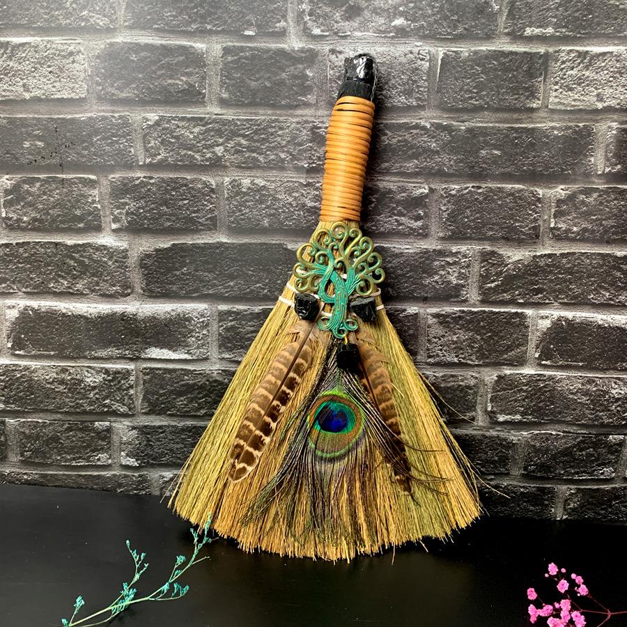 Big Broom Natural Amethyst Life Tree Halloween Peacock Feather Eye Altar Ornament  Witch Mini Broom Home Decoration Handicrafts