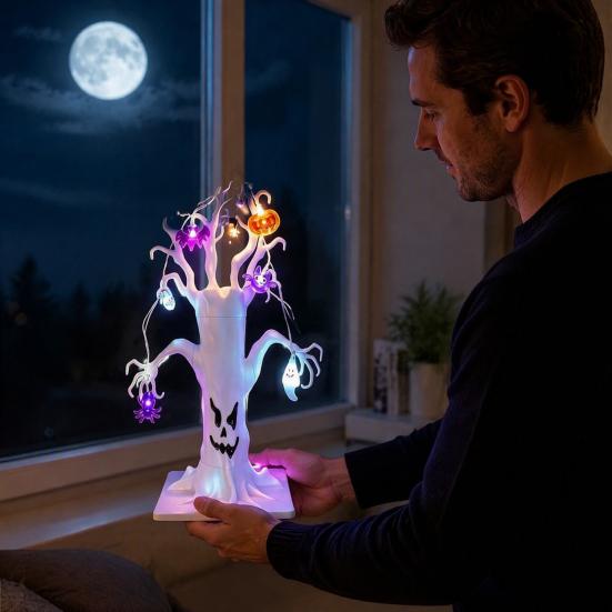 Entryway And Showcase Displays Halloween Lighted Ghost Tree Centerpiece with LED Lights, Pumpkin Bat Small Battery Operated Spider Light String,