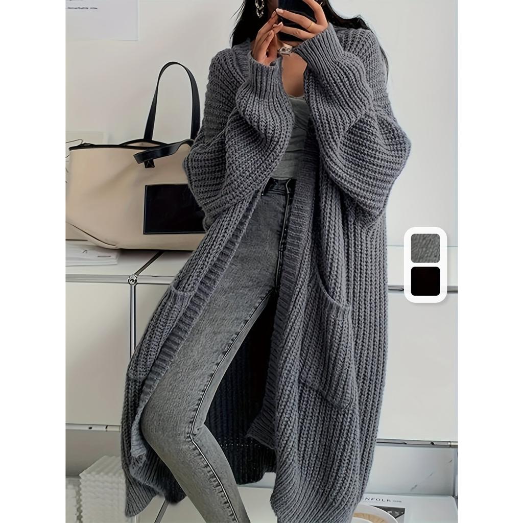 Einfarbige Strickjacke mit offener Vorderseite, lässige Strickjacke mit überschnittenen Schultern und langen Ärmeln für Herbst und Winter, Damenbekleidung