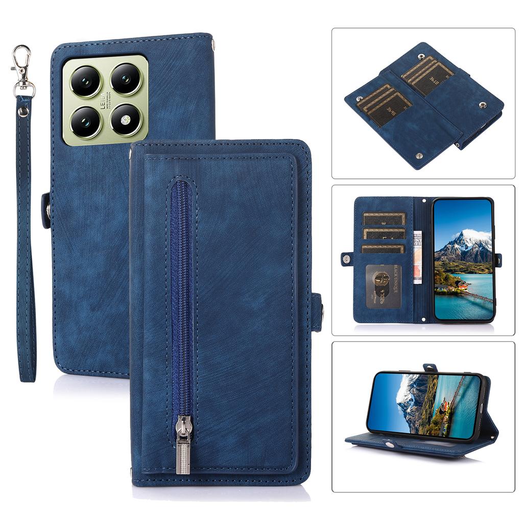 For Xiaomi 14T Case Zipper Pocket 9 Card Slots PU Leather Phone Cover with Wrist Strap