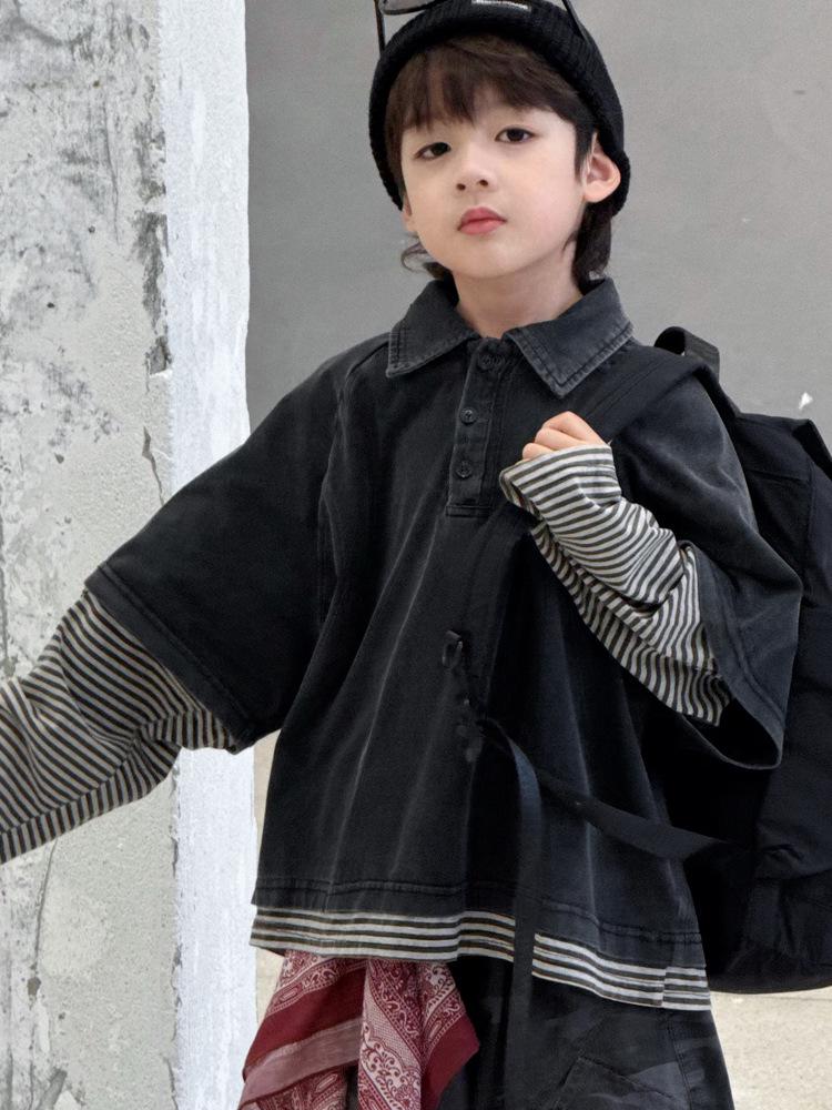 Children's Spring/Autumn Trendy Spliced Long Sleeve Polo Shirt - Casual Loose Korean Style Fake Two-Piece Pullover.
