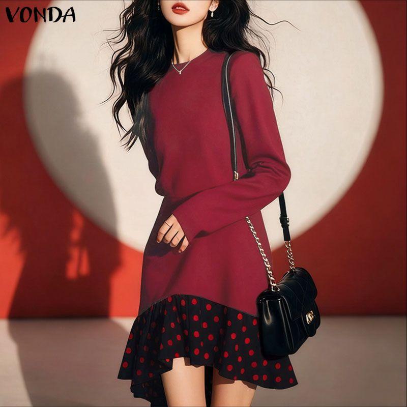 VONDA Women O Neck Long Sleeve Patchwork Polka Dots Ruffled Hem Casual Tunic Mini Dress