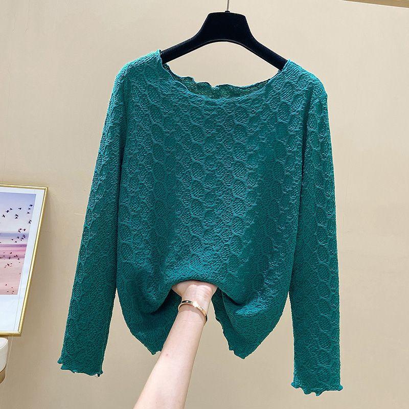 

Autumn and Winter Blue round Neck Casual T-shirt Base Shirt Lace Blue 3XL [Recommendation 160-180]]