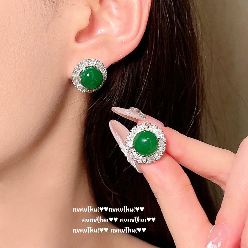 Chalcedony Flower Gemstone Ring, Rich Woman'S Happiness, Plated With 18K Gold, Malachite Green Water Drop Zircon Earrings.