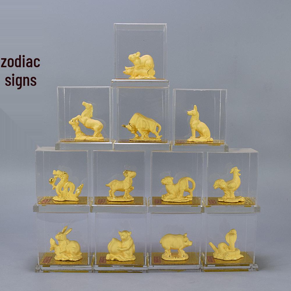 12 Zodiac Animal Ornaments Set in Flocked Sand Gold: Wealth-Attracting Birthday Gift 12 Zodiac Full Set