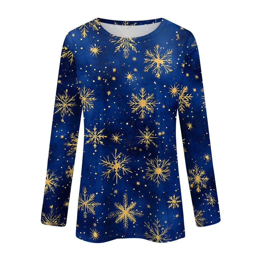 Women's Christmas Print Neck Long Sleeve Pullover Top for Holiday