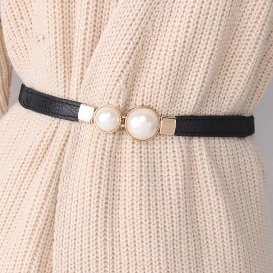 Women Waist Belt Elastic Thin Versatile Adjustable Faux Leather Creative Pearl Buckle Ladies Waistband Dress Belt for Daily Wear