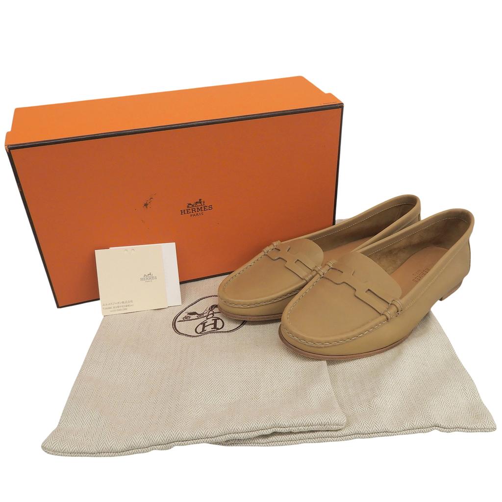 Excellent HERMES Loafers Beige Leather Women 35.5 Used