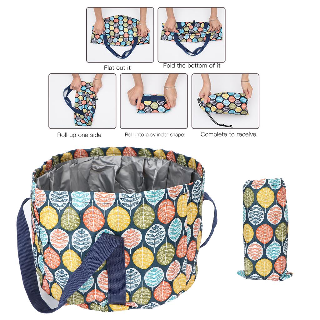 Collapsible Foot Soaking Basin Polyester Waterproof Handle Rope Foot Bath Water Bucket 21L Large Leaf Pattern