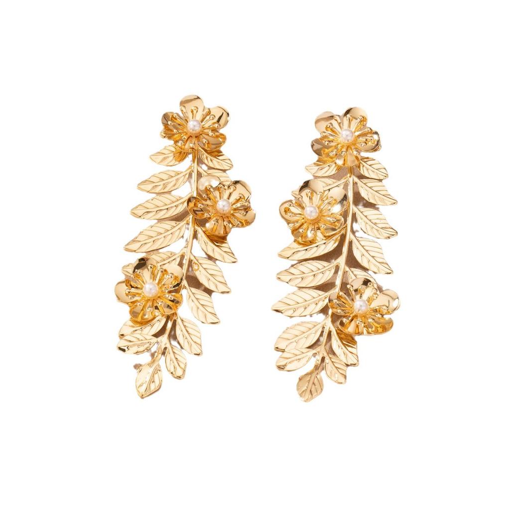 Trendy Cross-Border Floral Long Dangle Earrings for Women - European and American Heavy Industry Style