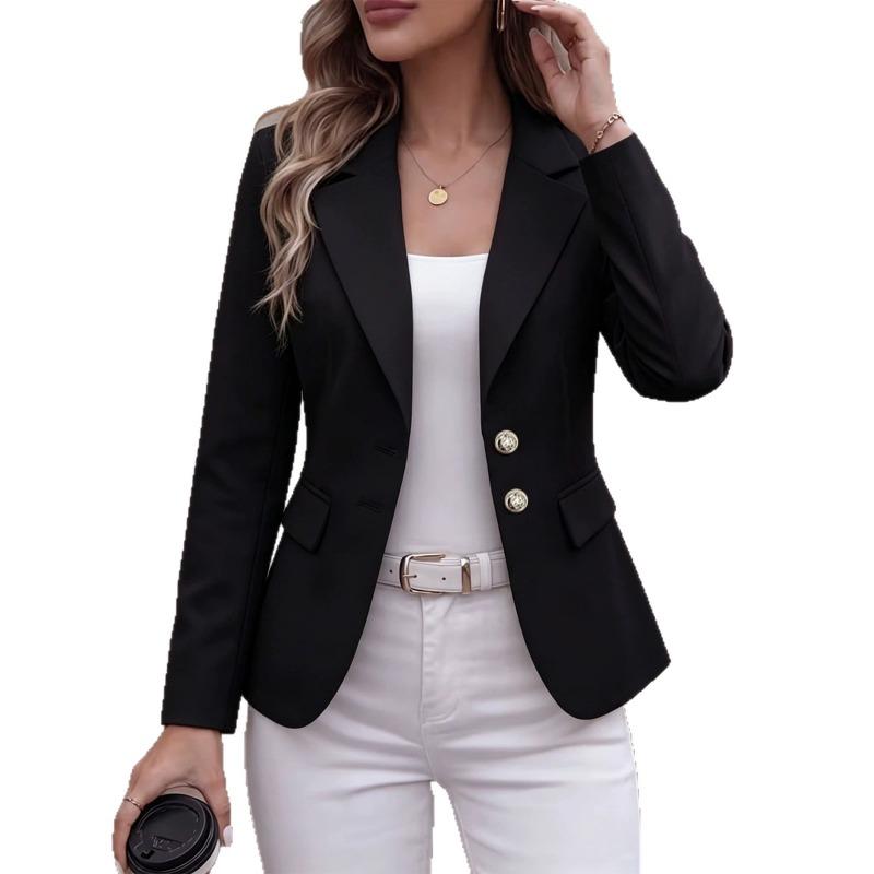 Women S Long Sleeve Blazer Jacket With Turn Down Collar Two Buttons Flap Pockets
