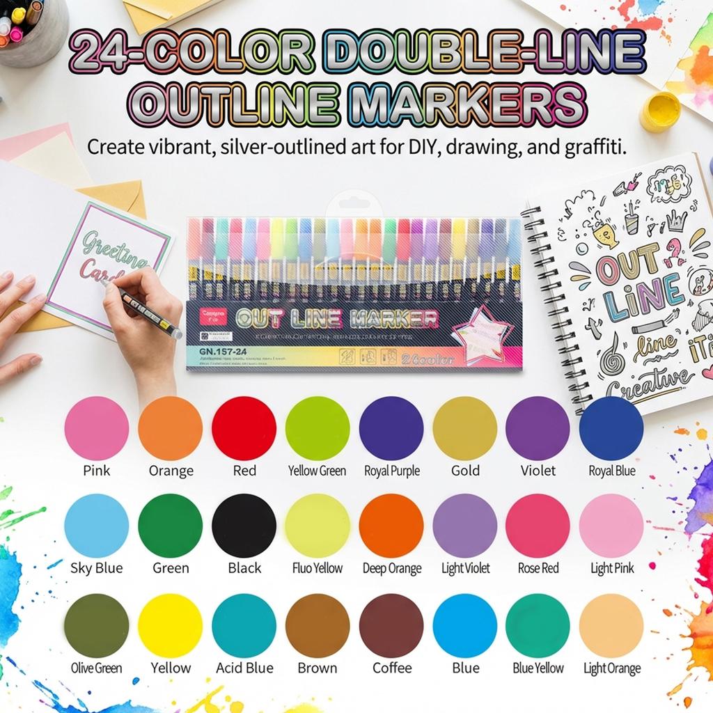 Double Line Outline Markers 12/24 Colors Set Dual Tip Pens for DIY Hand Drawing Doodling Art Craft Painting