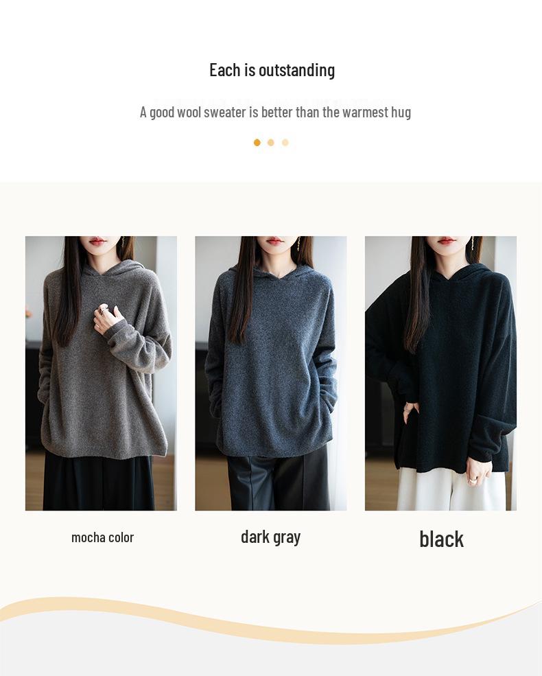 Damull Tröja med Huva - Lös Passform, Sidosprund, Vardags- och Mångsidig Stickad för Höst/Vinter