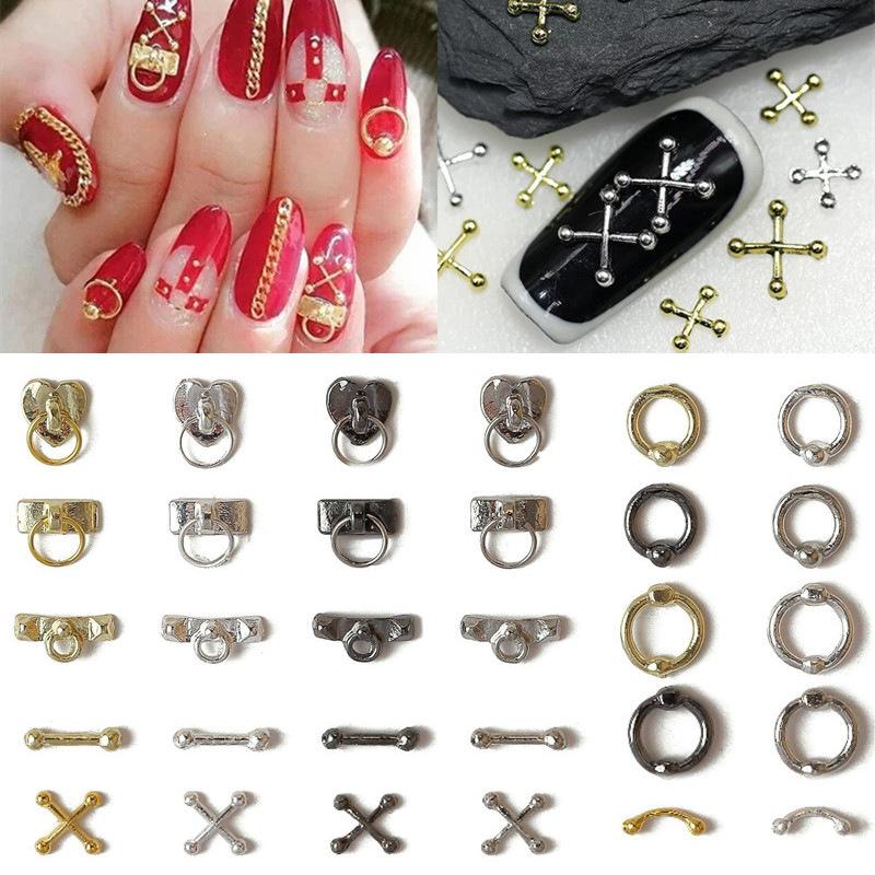100 szt. 3D Punk Srebrne/Białe/Czarne/Złote Metalowe Części Manicure Akcesoria Dekoracja Paznokci Stop Retro Koło Paznokcie Ozdoby do Paznokci