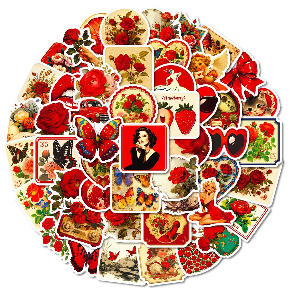 50Pcs Red Aesthetic Vintage Rose Stickers - Non-repeating Decals for Phone/Notebook/Cup Decor