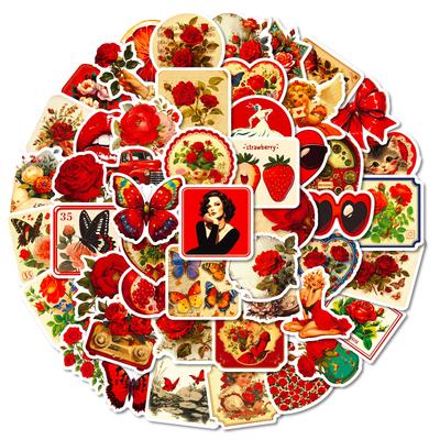 50Pcs Red Aesthetic Vintage Rose Stickers - Non-repeating Decals for Phone/Notebook/Cup Decor