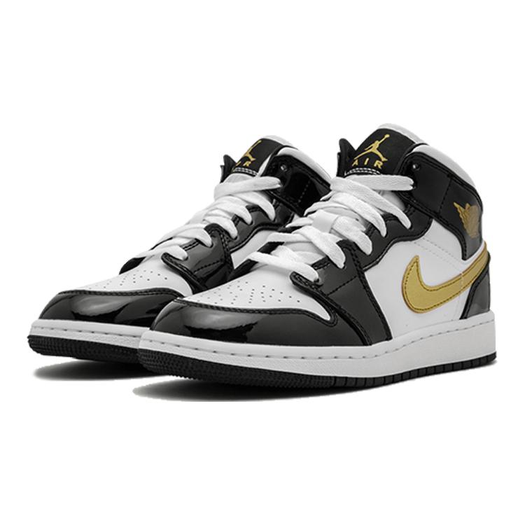 Jordan 1 Mid Patent Schwarz Weiß Gold GS BQ6931-007