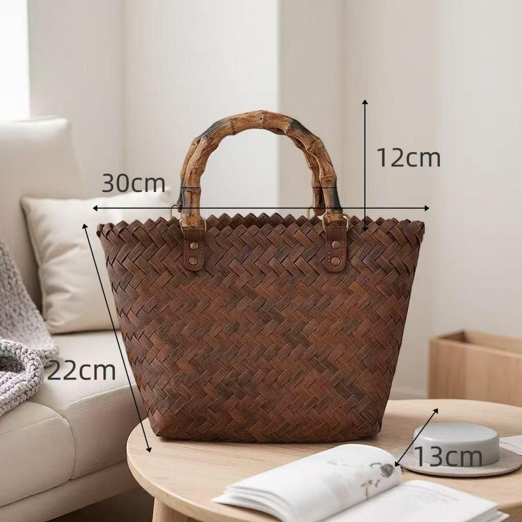 Borsa intrecciata a mano in rattan imitazione con manici in bambù - Cesto per la spesa, Souvenir, Borsa di paglia, o Tote per pendolari