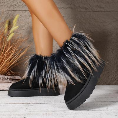 Markendesign Flauschige Lange Fell Schneestiefel Damen 2025 Winter Mix Farbe Stiefeletten Warm Dicke Sohle Schwarz Plüsch Pelzige Schuhe Frau