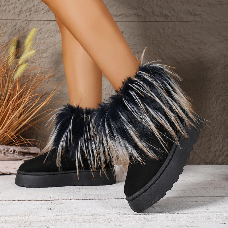 Fashion Brand Design Fluffy Long Fur Snow Boots Women 2025 Winter Mix Color Ankle Boots Warm Thick Bottom Black Plush Furry shoes Woman