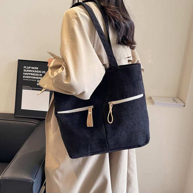 2023 New Winter Street Style Large Corduroy Tote Handbag With Zipper Closure