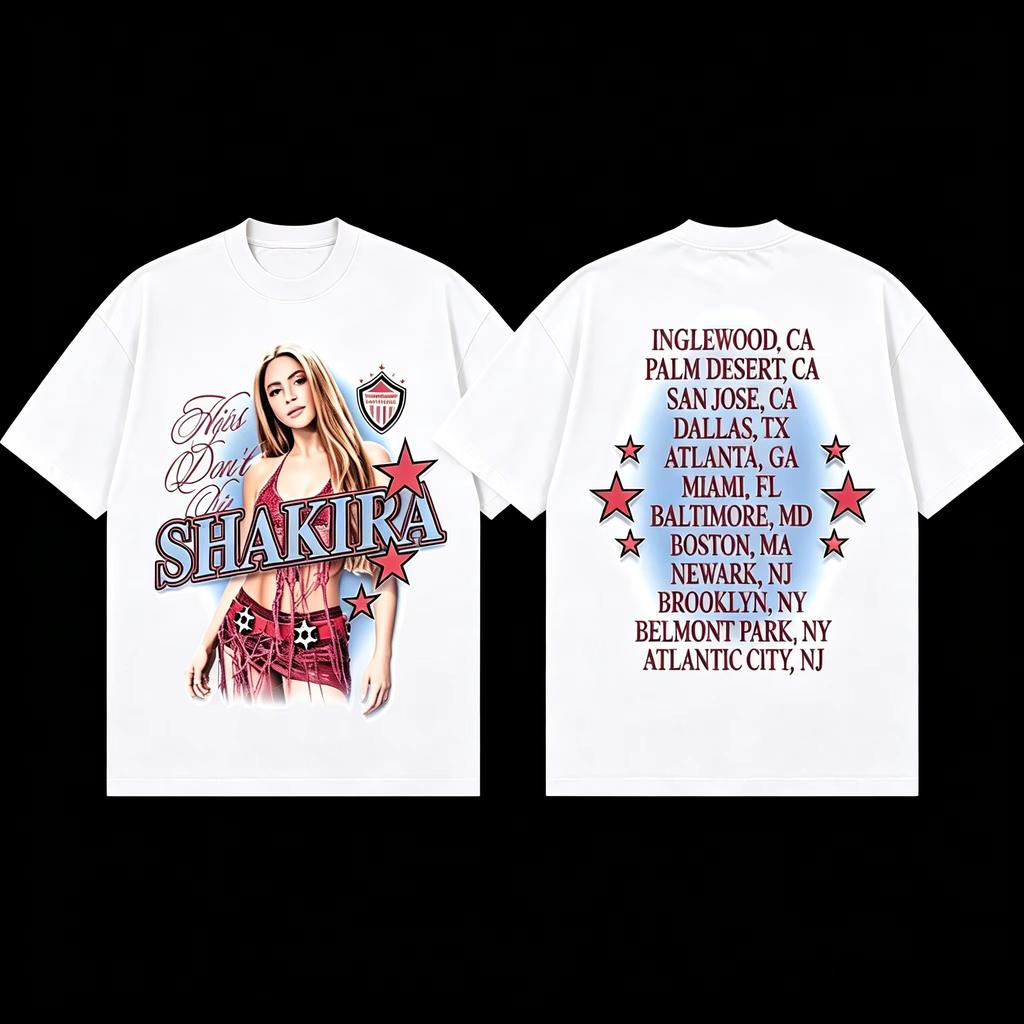2026 Shakira Las Mujeres Ya No Lloran Tour Doppelseitiges Übergroßes Baumwoll-T-Shirt Y2K Herren Damen Gothic Baumwoll-Übergroße T-Shirts