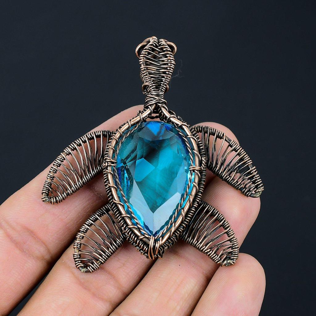 Dazzling Blue Topaz Gemstone Handmade Copper Wire Wrap Jewelry Amazing Turtle Shape Pendant
