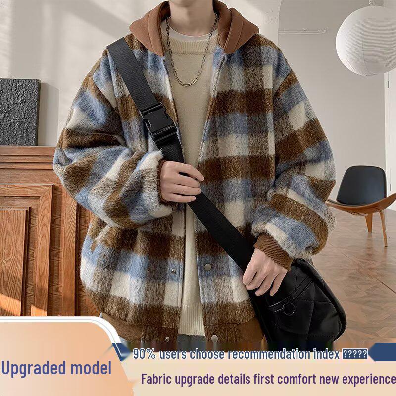 Men's Woolen Color Block Plaid Hooded Jacket - Trendy, High-End Autumn/Winter Casual Wear