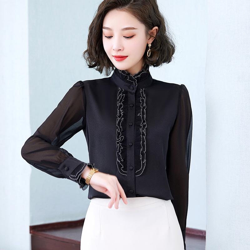 Women's Ruffled Chiffon Long Sleeve Shirt - Spring/Autumn Western Style Top