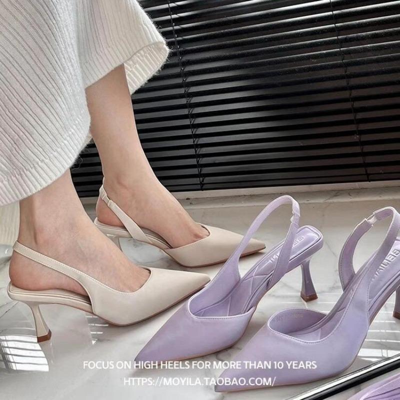 Women's Sandals Fashionable Pointed Toe Shallow Mouth Slip-on Dress Mule Shoes Stiletto Heel Slingback Sandals White Heels