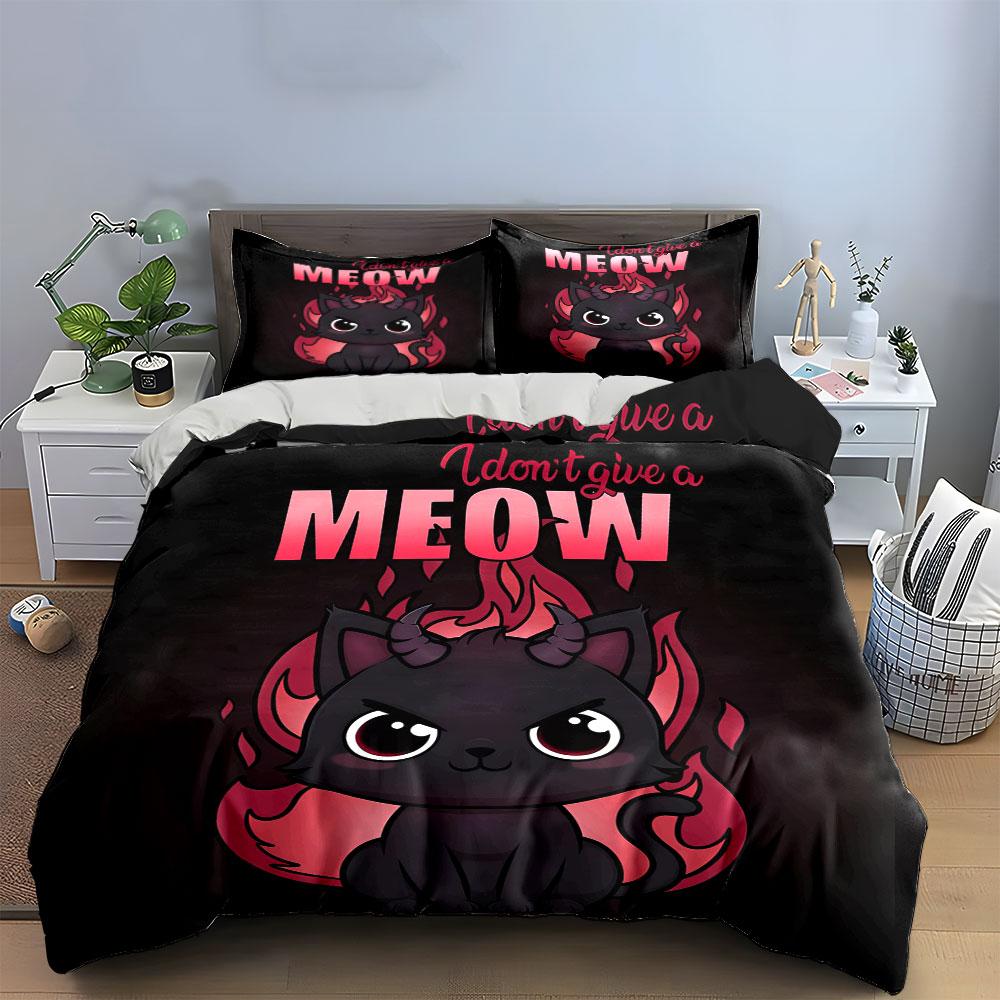 3Pcs Devil Black Cat Red Flame Duvet Cover Set, Funny Quote Meow Gothic Kids Bedding Single Double King Queen, Gift