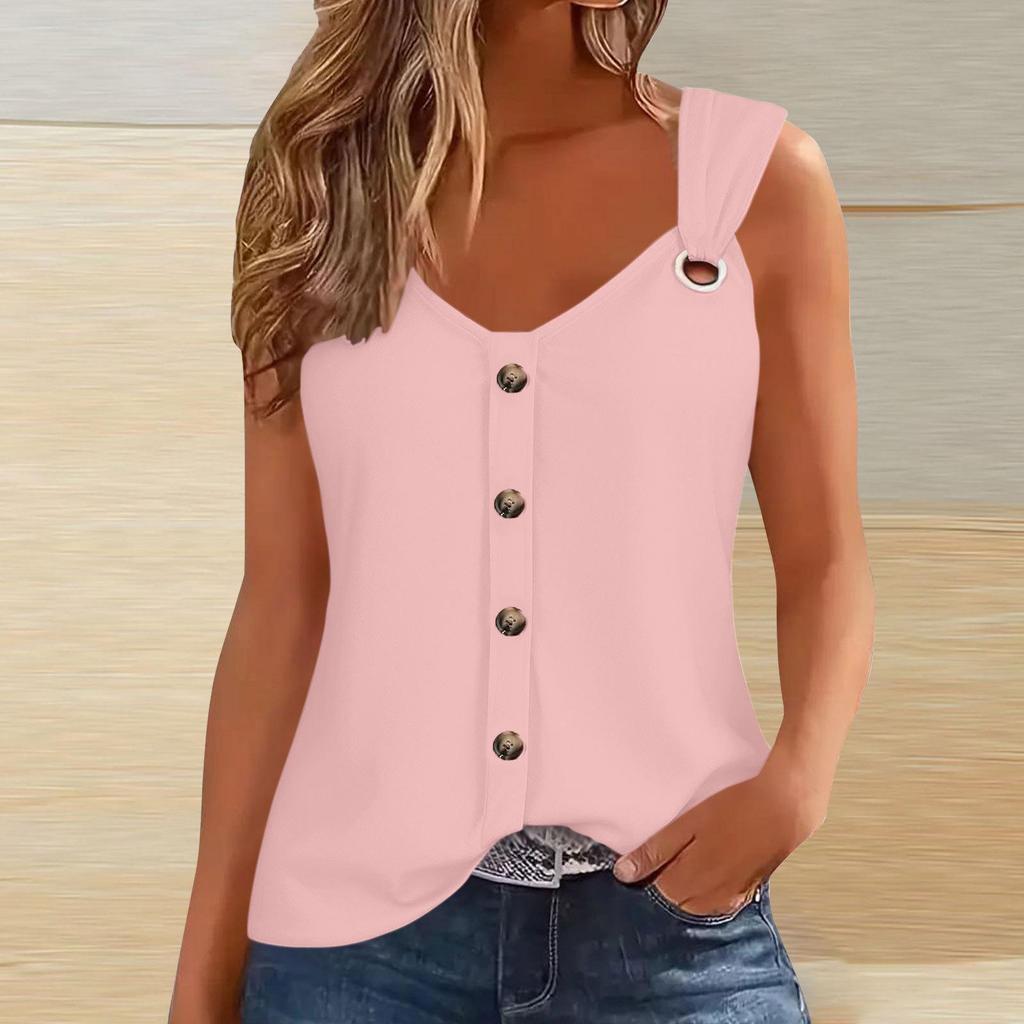 2026 Summer Women's Sleeveless Spaghetti Strap Buttoned Fashion T-Shirt Vest