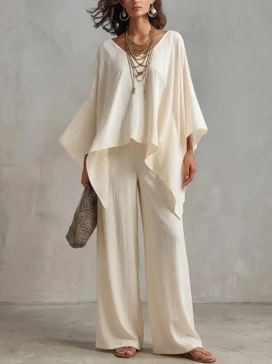 European and American women s clothing summer cross-border Amazon summer new cotton and linen elegant simple loose women s solid color suit S белый