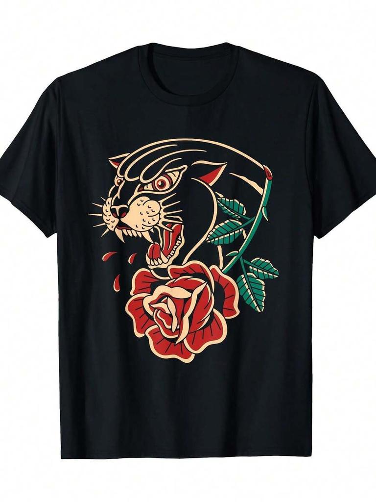 Camiseta Unisex Pantera Rosa Tinta de Tatuaje Tradicional Americana Old School