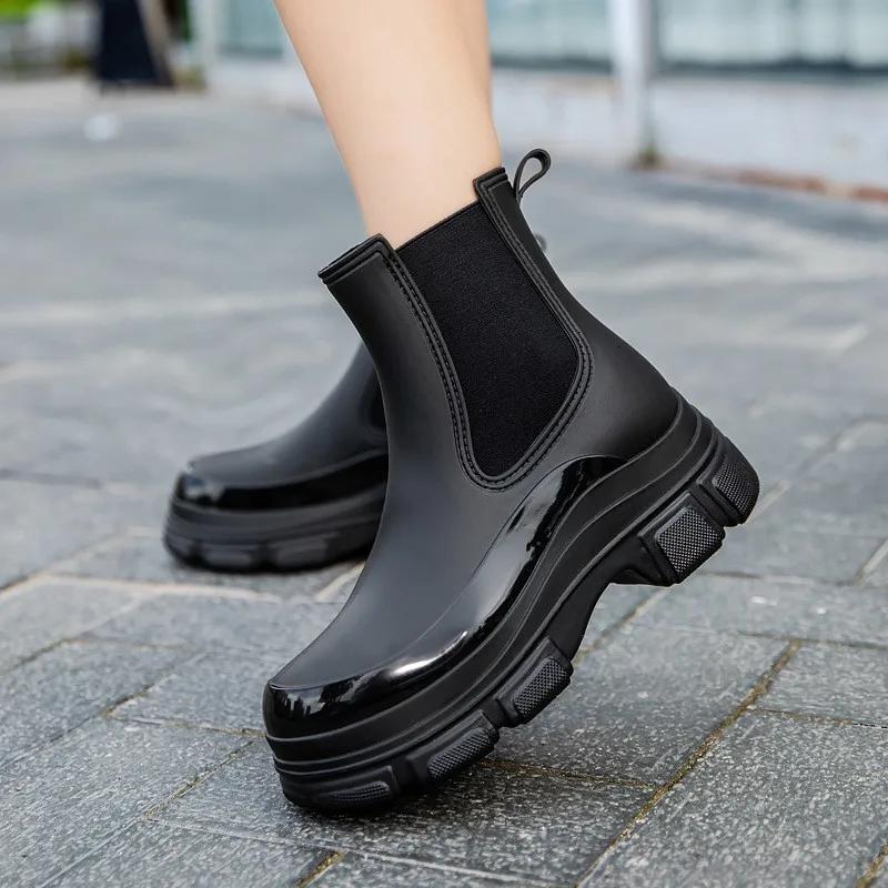 Rain Boots for Women Non-Slip Waterproof Rubber Mid-Calf Garden Platform Boots Lady Cozy Lightweight Rain Shoes Zapatillas Male