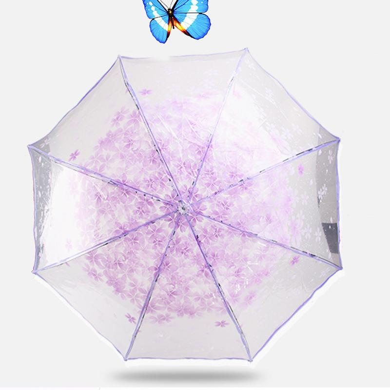 Fashion Automatic Cute Sakura Rain Umbrella Transparent Three-fold Umbrella Cherry Blossom Mushroom Sakura Umbrella Rain Gear