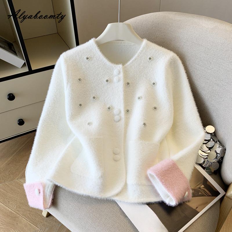 Elegant Fashion Autumn Winter Women Knitted Cardigan White Pink Blue Purple Fluffy Knitting Coat Feminine Sweet Diamonds Ladies' Outerwear