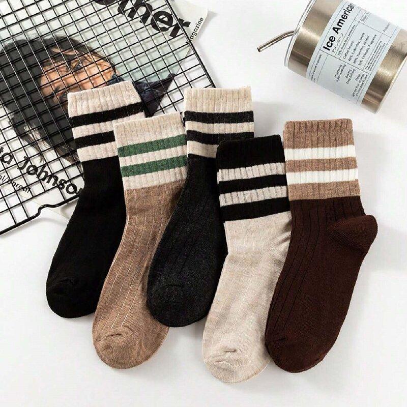 5 Paar Neue Koreanische Japanische Stil Damen Socken Lockere Socken Schulmädchen Harajuku Einfarbige Nadelstrick Gestreifte Freizeitsocken