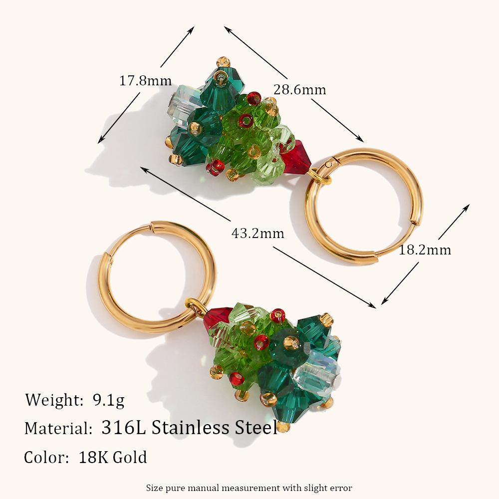 Handmade Crystal Christmas Tree Earrings & 18K Gold-Plated Necklace: Festive Jewelry for Women