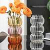 Simple Transparent Glass Vase with Vertical Patterns Office Desktop Surface Green Plants Hydroponic Flower Arrangement